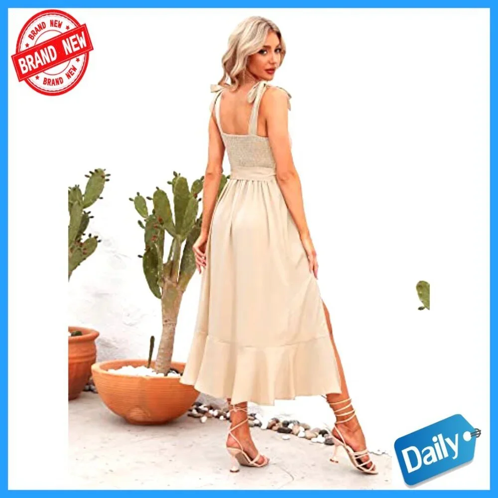 Square Neck Ruffle Split Midi Formal Dress, Detachable Sash, Smocked Back - Picture 6 of 7